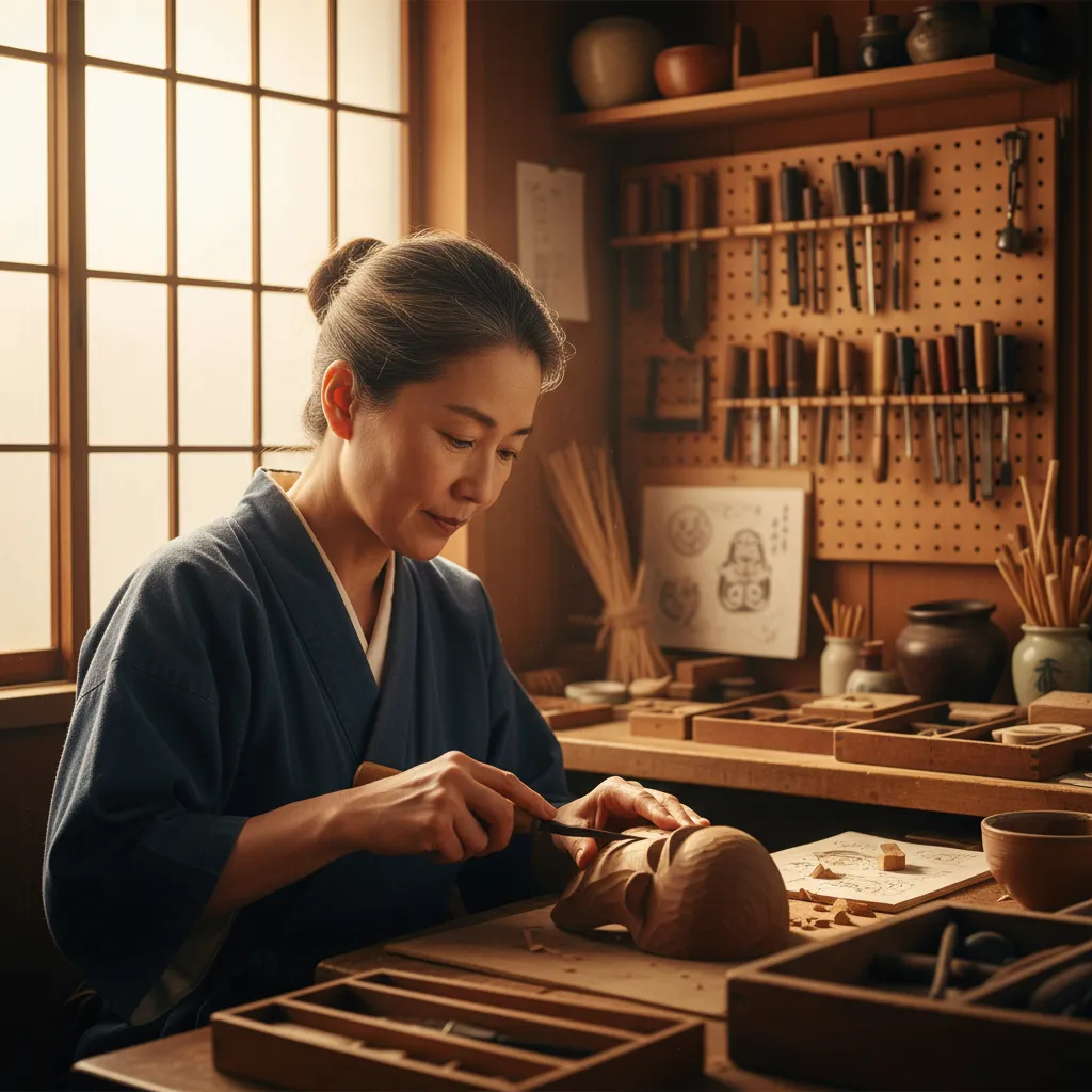 Japanese artisan working carefully on traditional craft in sunlit workshop