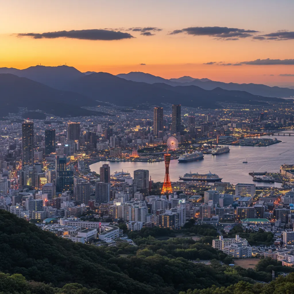 Kobe harbor and city skyline at sunset with mountains in background