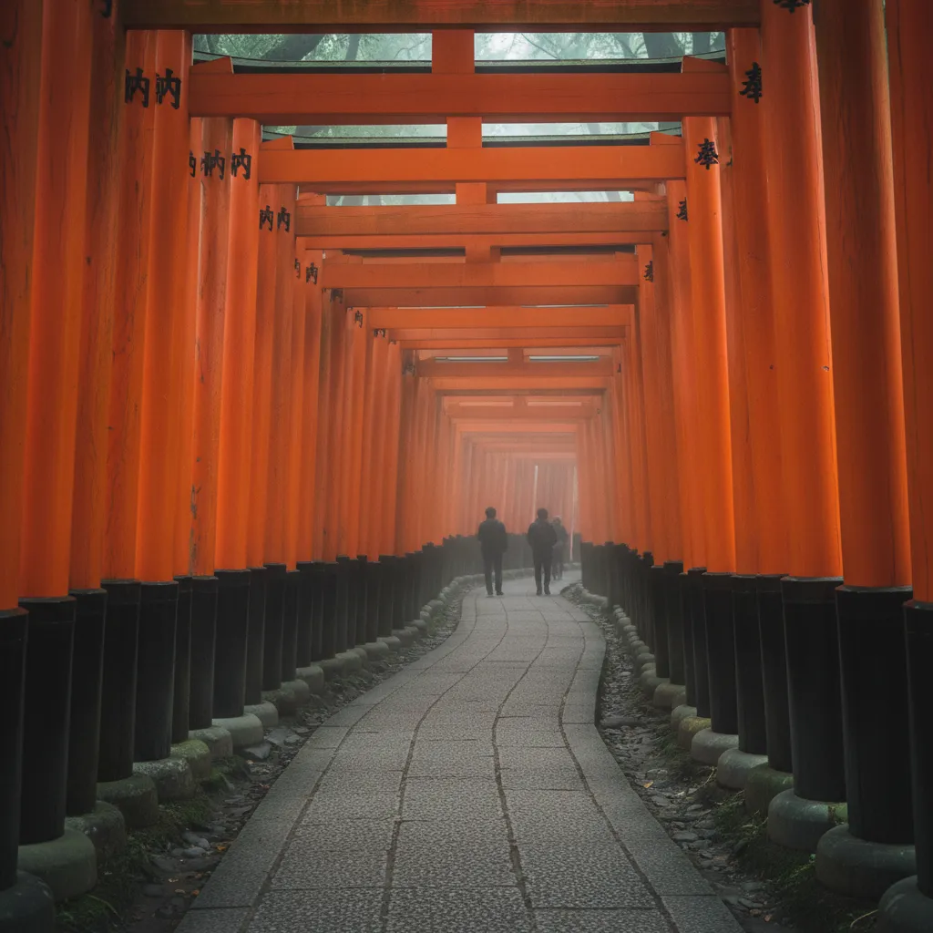 Fushimi Inari shrine torii gates in Kyoto, vermillion gates receding into misty forest