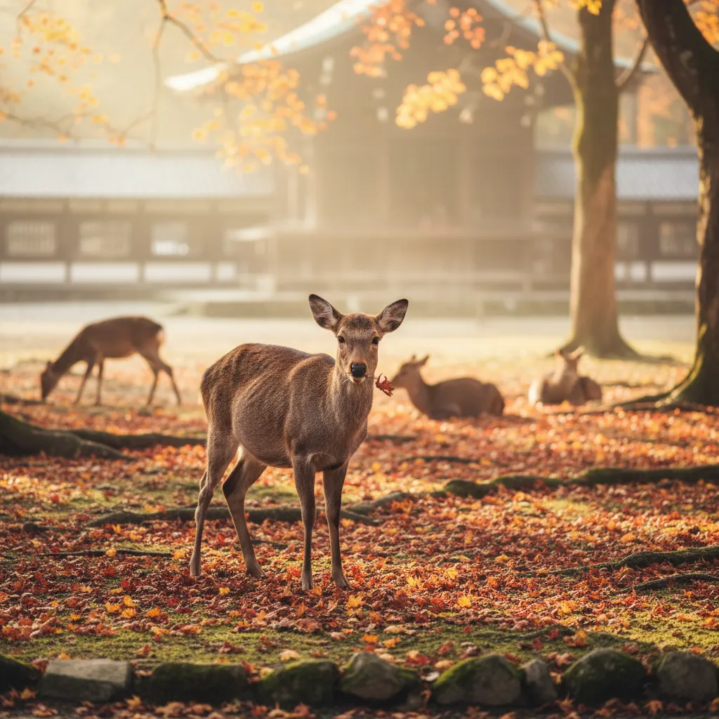 Sika deer standing peacefully in Nara Park with autumn foliage