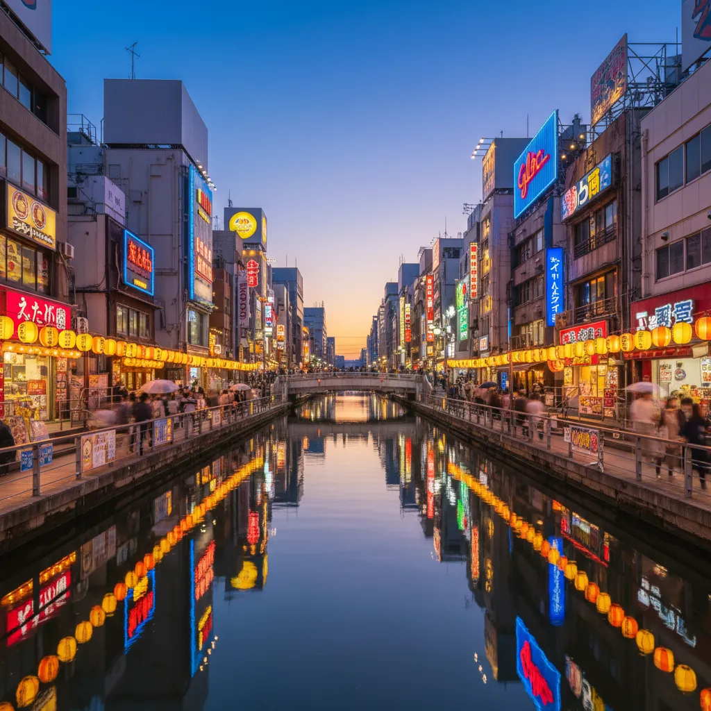 Dotonbori canal in Osaka at dusk, neon signs reflecting in calm water