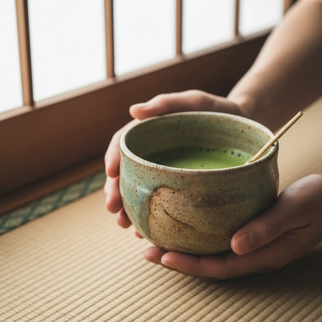 Hands holding a traditional ceramic tea bowl with matcha, soft light from shoji screen